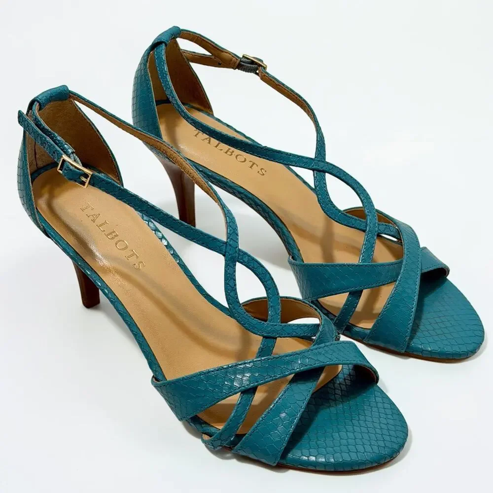 Talbots Lana Leather Sandals Sz 7M Peacock Teal Snakeskin Strappy 3